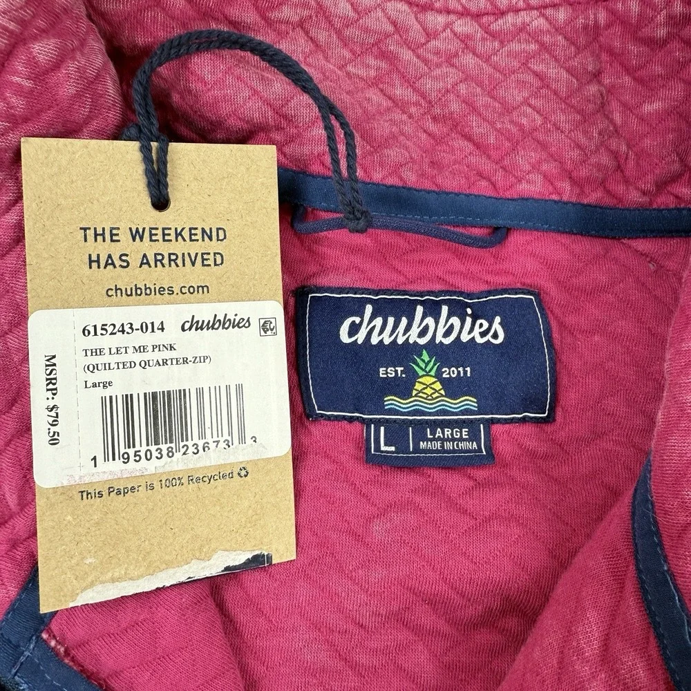 Chubbies 1/4 Zip Quilted Pullover Mens L Pink Blue Sweater‎ Jacket NWT Casual